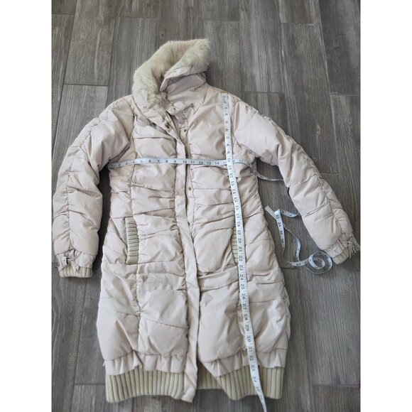 Beige Puffer Ruched Down Jacket With Fur Collar. Sz Small. Slight Discoloration - Picture 3 of 7